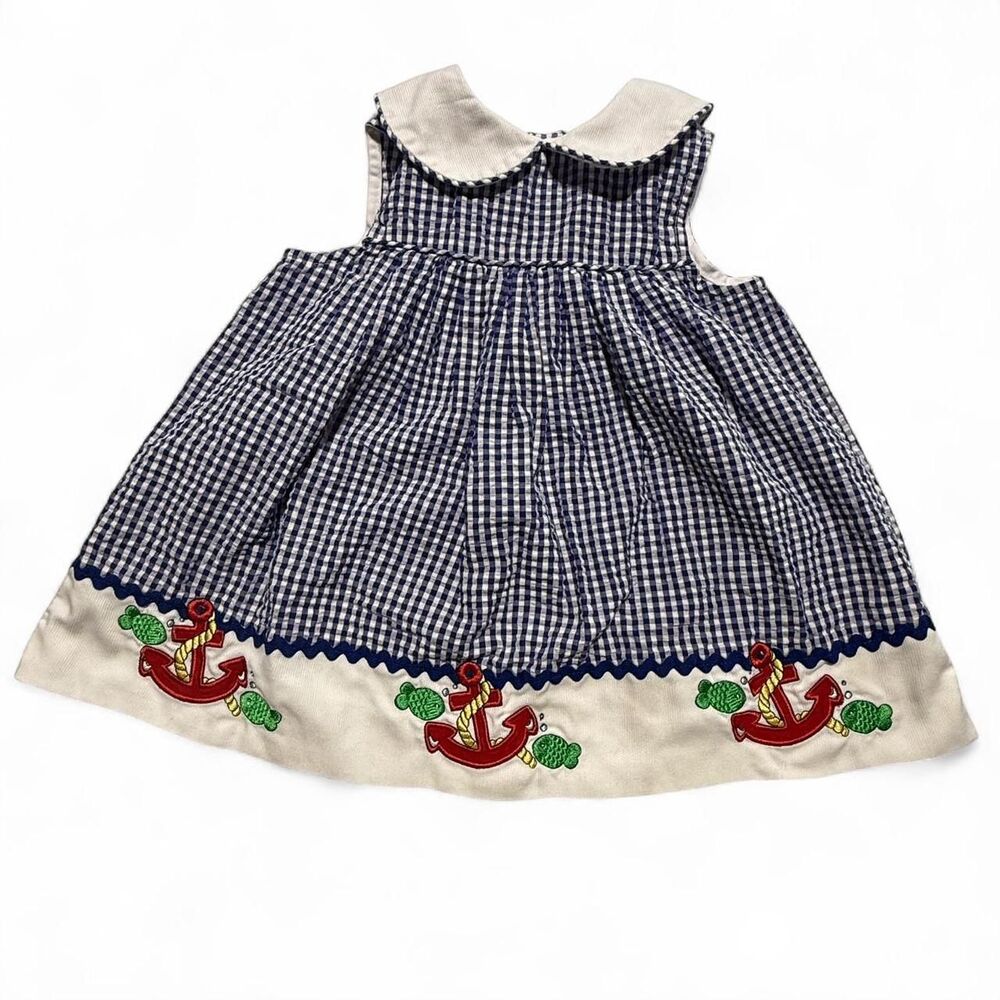 Samara Vintage Blue Gingham Nautical Anchor Peter Pan Collar Dress 4T